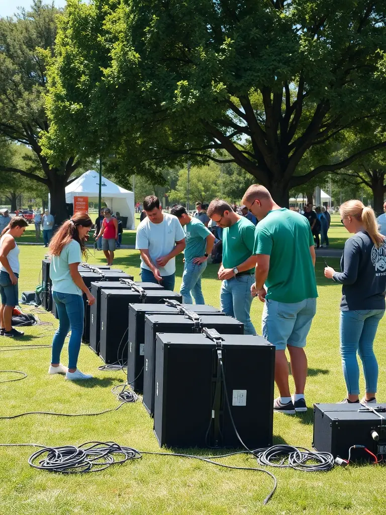 A photo of volunteers setting up sound equipment for a free reggae concert in a public park, demonstrating the organization's commitment to accessible cultural events.