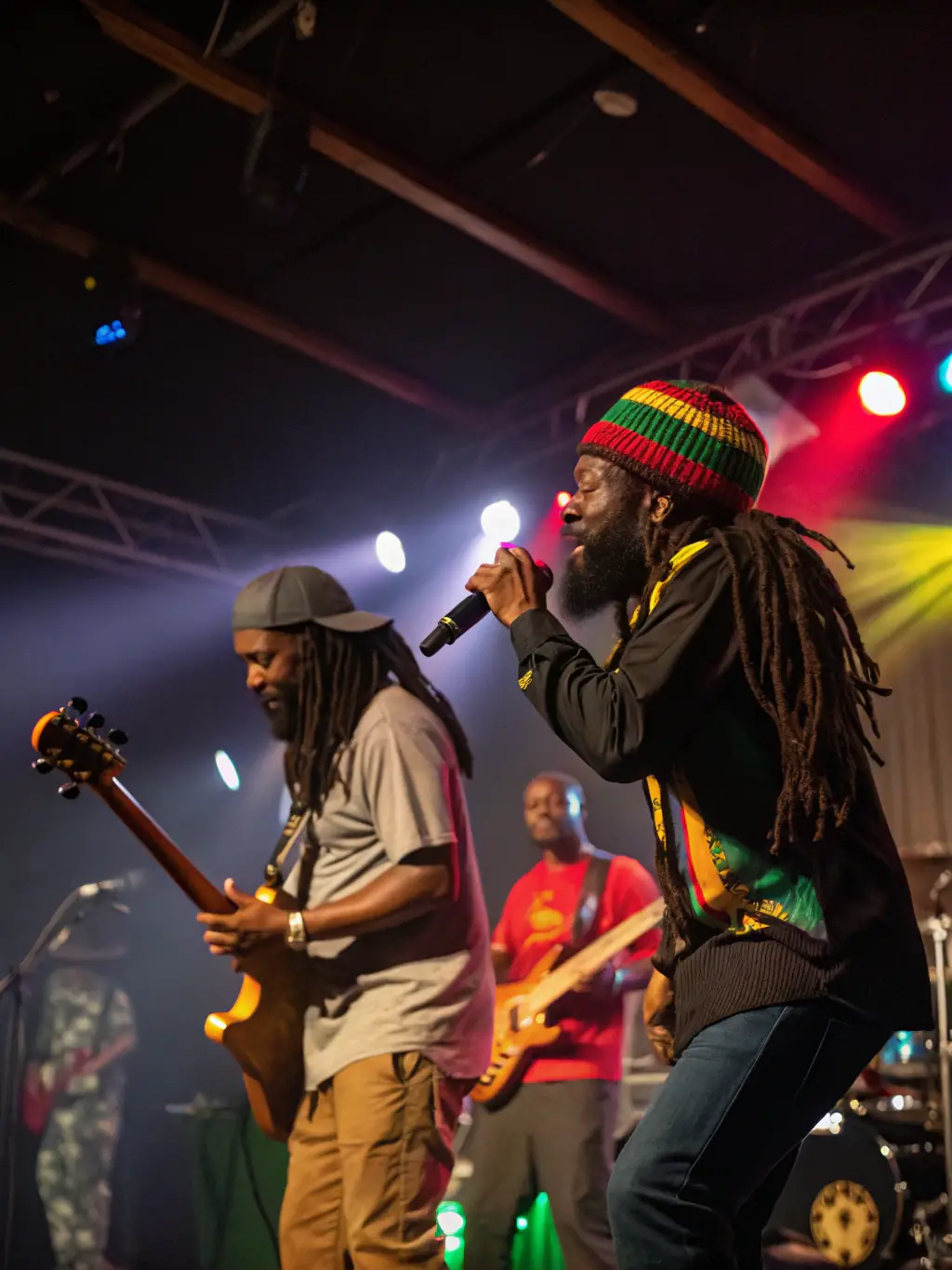 A photograph of a Lion's Crown Sound System-sponsored event promoting emerging reggae artists, featuring a young musician performing on stage.