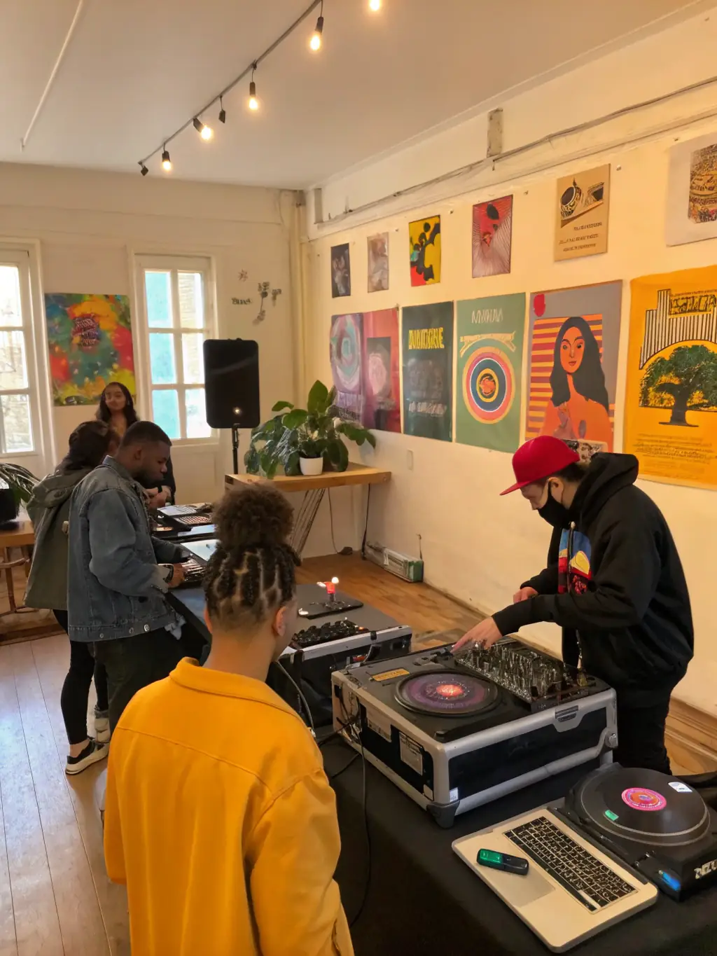 A vibrant photograph capturing a community workshop where participants are learning about reggae music history and its cultural significance, led by a knowledgeable instructor.
