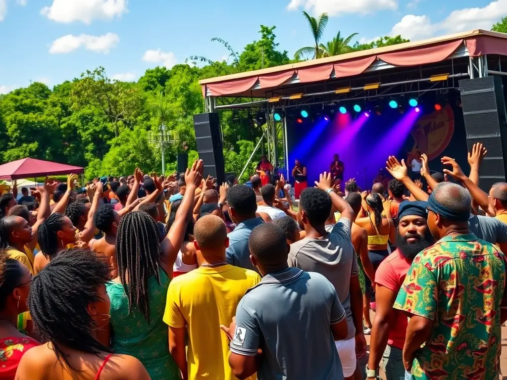 A vibrant outdoor reggae festival scene with diverse attendees enjoying live music and cultural performances, reflecting the community engagement fostered by Lion's Crown Sound System.