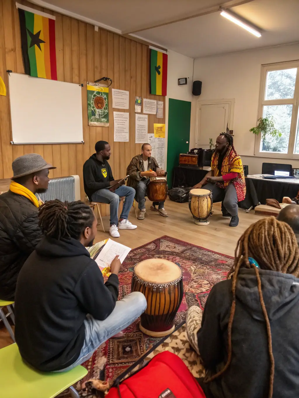 A photo of a community workshop organized by Lion's Crown Sound System, showing participants learning about reggae music history and culture from an instructor.