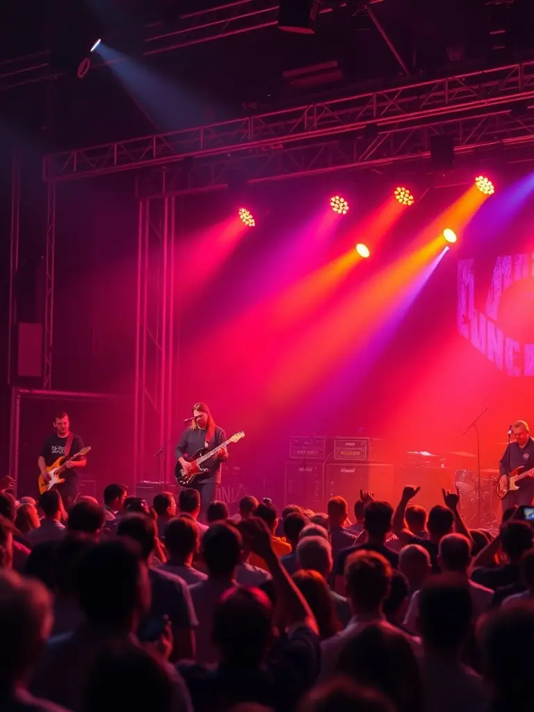 A vibrant photograph capturing a live reggae performance organized by Lion's Crown Sound System, showcasing a local band on stage with a diverse audience enjoying the music.