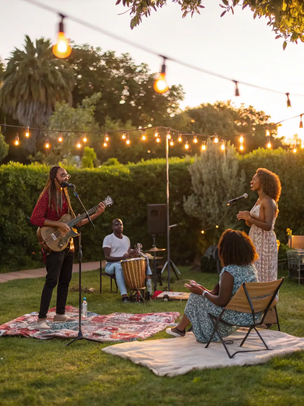 A dynamic image of a live reggae performance at a local community center, showcasing the energy and talent of emerging reggae artists.