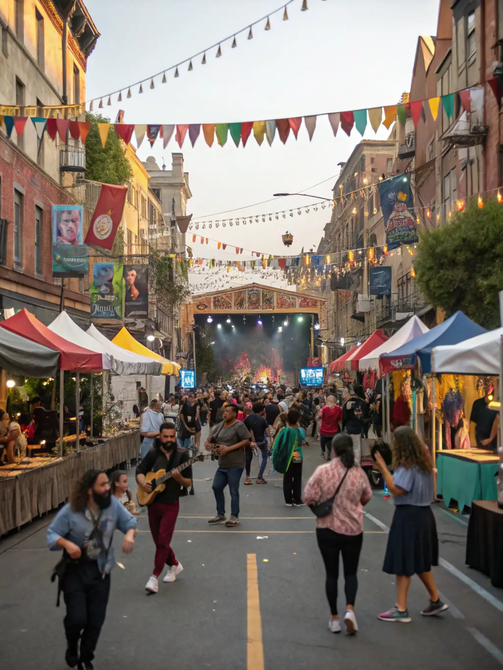 A colorful scene from a reggae-themed community festival, featuring food stalls, art displays, and live music performances, creating a vibrant cultural experience.