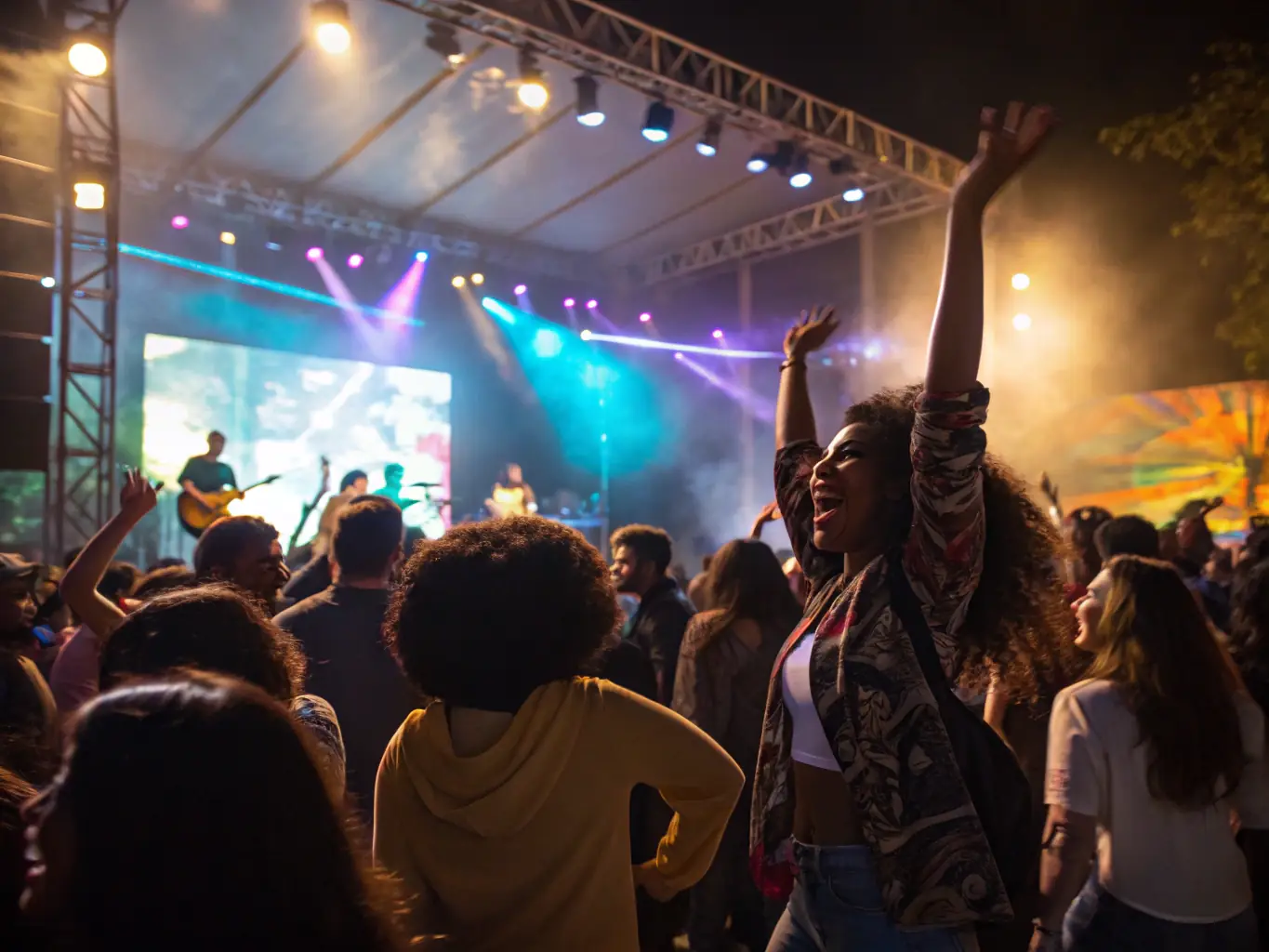 A vibrant photograph capturing the energy of a live reggae music event, featuring a diverse crowd enjoying the performance under colorful stage lights.